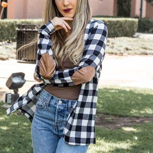 Buffalo Plaid Cardigan with Elbow Patches, White